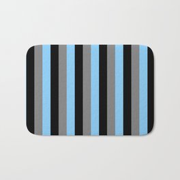 [ Thumbnail: Light Sky Blue, Grey & Black Colored Lined Pattern Bath Mat ]