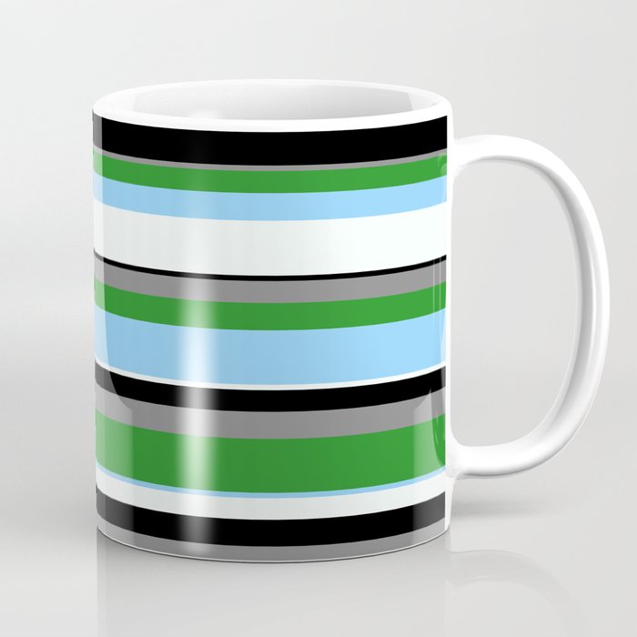 Gray, Forest Green, Light Sky Blue, Mint Cream & Black Colored Lines/Stripes Pattern Coffee Mug