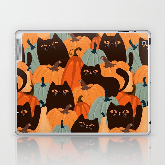 Cute seamless pattern with black cats and pumpkins. Trendy autumn colors. Vintage illustration Laptop & iPad Skin
