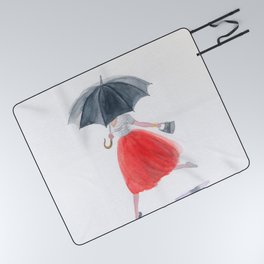 Girl with umbrella in rain. fashion illustration. watercolor painting Picnic Blanket