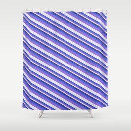 [ Thumbnail: Dark Slate Blue, Royal Blue, Purple, and Lavender Colored Striped/Lined Pattern Shower Curtain ]