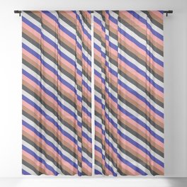 [ Thumbnail: Eye-catching Light Gray, Blue, Light Coral, Sienna, and Black Colored Stripes Pattern Sheer Curtain ]