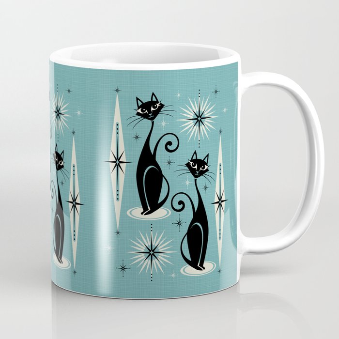 Mid Century Meow Retro Atomic Cats on Blue Coffee Mug | Graphic-design, Digital, Cats, Black-cats, Retro, Starburst, Starbursts, Atomic, 1950's, Fifties