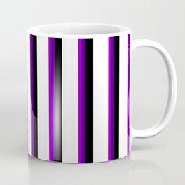 [ Thumbnail: Vibrant Tan, Dark Violet, Indigo, Black, and White Colored Pattern of Stripes Coffee Mug ]