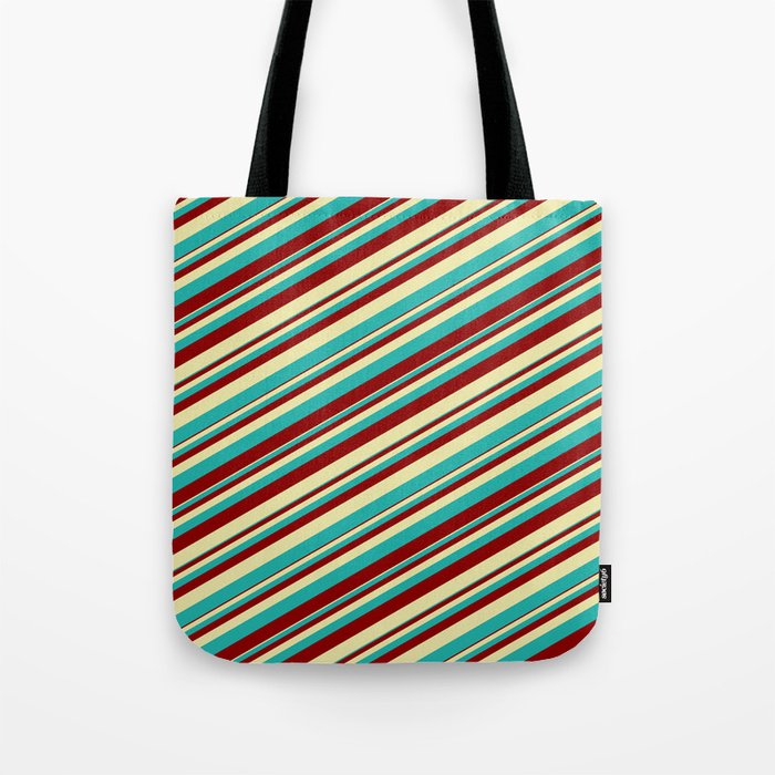 Pale Goldenrod, Light Sea Green, and Dark Red Colored Striped Pattern Tote Bag