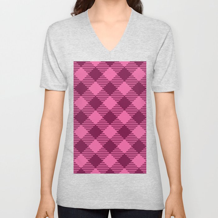 Retro Valentine's gingham check burgundy pink pattern V Neck T Shirt