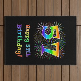 [ Thumbnail: 57th Birthday - Fun Rainbow Spectrum Gradient Pattern Text, Bursting Fireworks Inspired Background Outdoor Rug ]