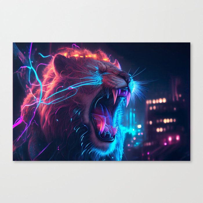 portrait of a beast carnivore, cyberpunk cityscape in the background Canvas Print
