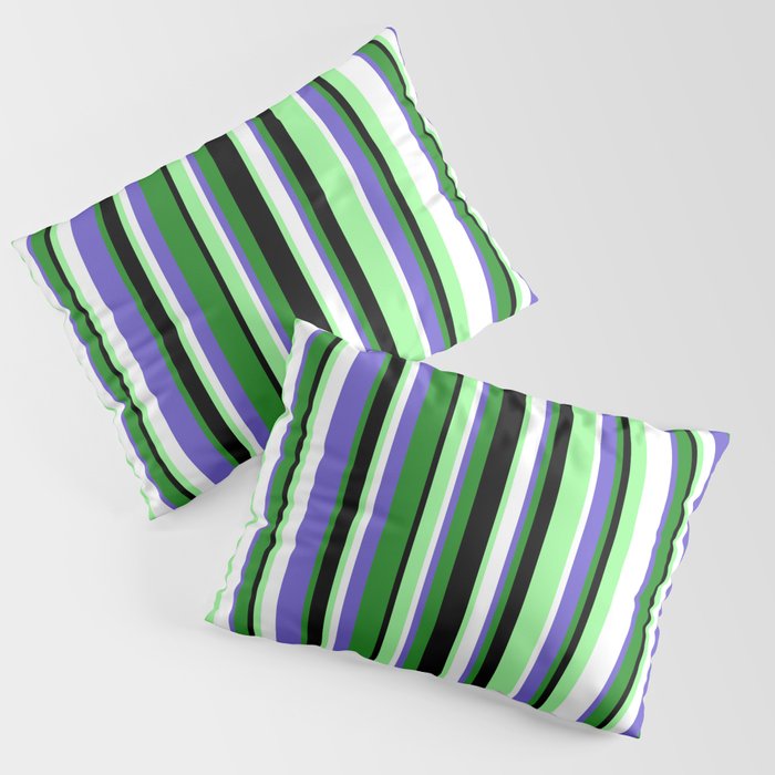 Colorful Forest Green, Slate Blue, White, Green, and Black Colored Stripes Pattern Pillow Sham