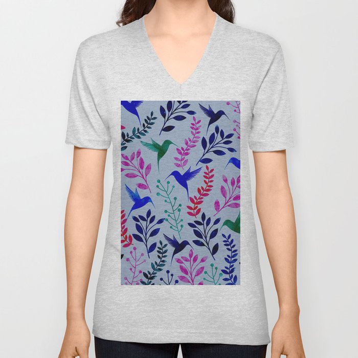 Watercolor Floral & Birds V Neck T Shirt