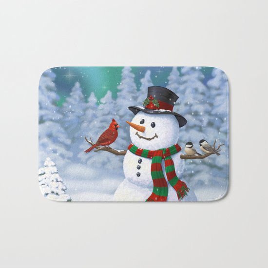 Cute Happy Christmas Snowman with Birds Bath Mat