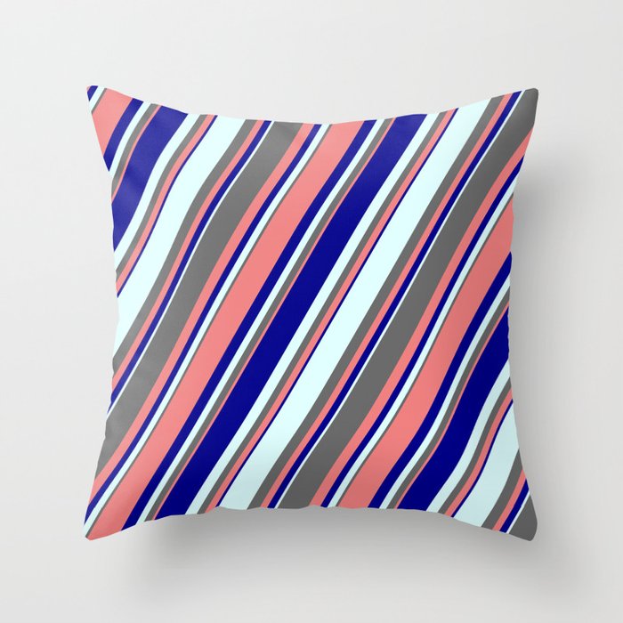 Dim Grey, Light Coral, Dark Blue & Light Cyan Colored Stripes Pattern Throw Pillow