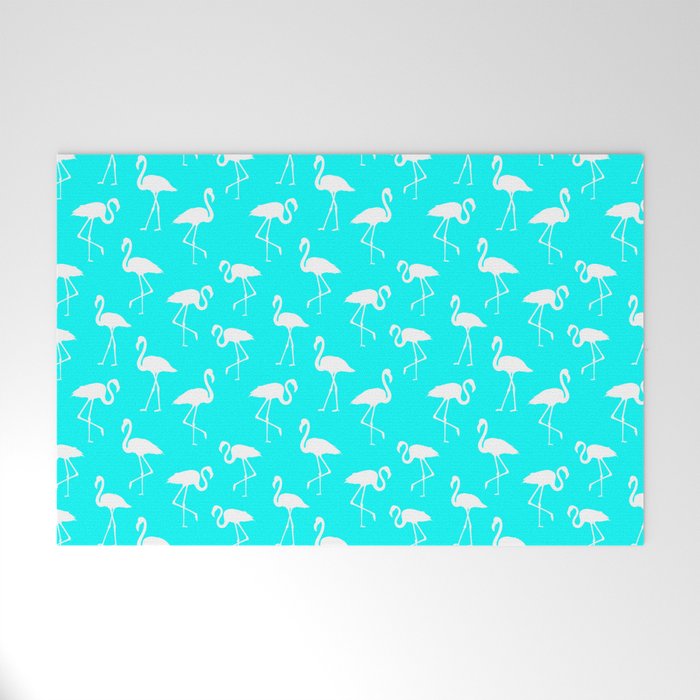 White flamingo silhouettes seamless pattern on aqua blue background Welcome Mat