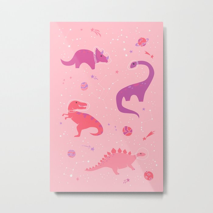 Astronaut Dinosaurs on Pink Metal Print
