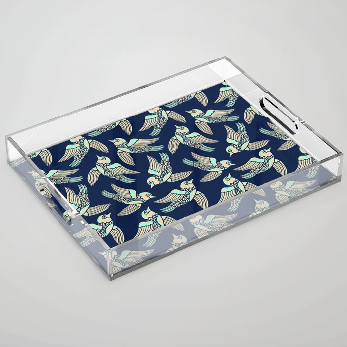 BIRDS FLYING HIGHER in MINT AND SAND ON DARK BLUE Acrylic Tray