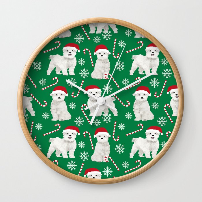 Maltese christmas festive dog breed holiday candy canes snowflakes pattern pet friendly dog art Wall Clock