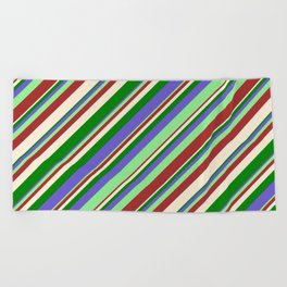 [ Thumbnail: Slate Blue, Light Green, Brown, Beige & Green Colored Pattern of Stripes Beach Towel ]
