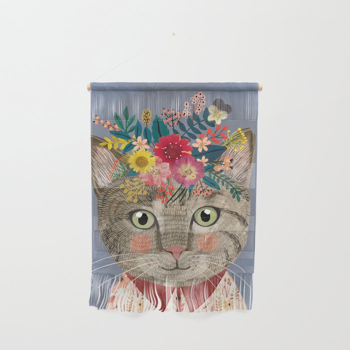 Grey cat with flower crown Wall Hanging