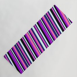 [ Thumbnail: Dark Violet, Hot Pink, Midnight Blue, Light Cyan & Black Colored Lined/Striped Pattern Yoga Mat ]