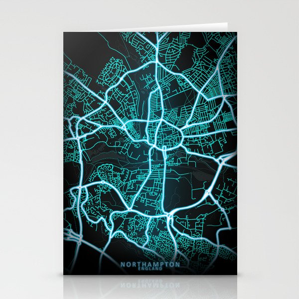 Northampton, England, Blue, White, Neon, Glow, City, Map Stationery Cards