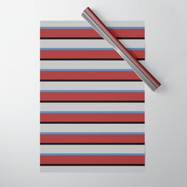 [ Thumbnail: Blue, Brown, Black & Grey Colored Striped Pattern Wrapping Paper ]
