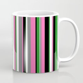 [ Thumbnail: Eyecatching Black, Hot Pink, Gray, White, and Forest Green Colored Stripes/Lines Pattern Coffee Mug ]