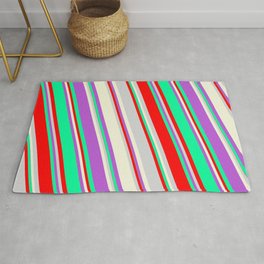 [ Thumbnail: Colorful Orchid, Green, Red, Light Gray, and Beige Colored Striped/Lined Pattern Rug ]