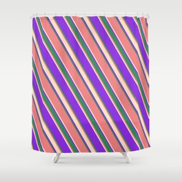 [ Thumbnail: Purple, Sea Green, Light Coral, and Bisque Colored Lined/Striped Pattern Shower Curtain ]