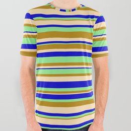 [ Thumbnail: Light Green, Dark Goldenrod, Beige, and Blue Colored Stripes/Lines Pattern All Over Graphic Tee ]