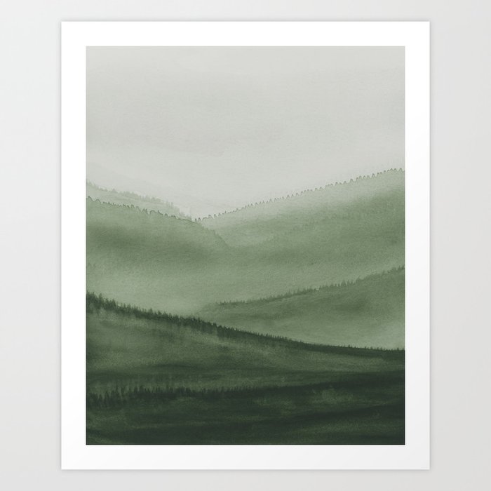 Green Valley III - Sage Forest Rolling Hills Watercolor Foggy Misty Scenic Nature Painting Art Print Wall Décor  Art Print