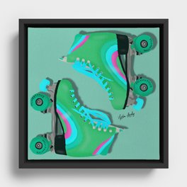 Green roller skates- teal background Framed Canvas