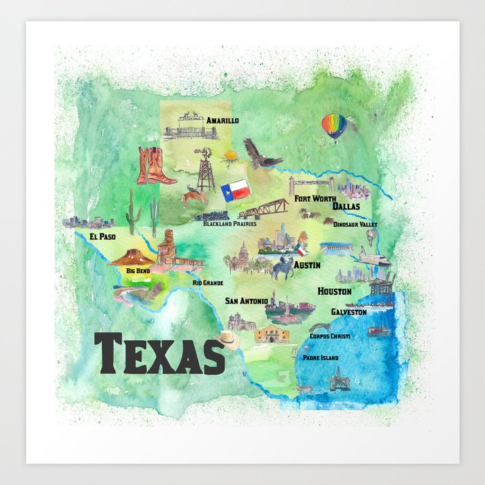 USA Texas Travel Poster Map With Highlights Art Print
