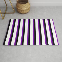 [ Thumbnail: Vibrant Tan, Dark Violet, Indigo, Black, and White Colored Pattern of Stripes Rug ]