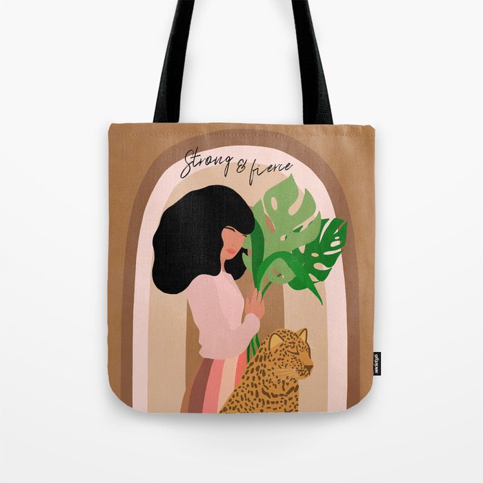 Boho Girl with Monstera and Leopard Tote Bag