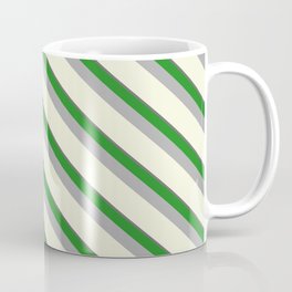 [ Thumbnail: Dim Grey, Forest Green, Dark Gray & Beige Colored Pattern of Stripes Coffee Mug ]