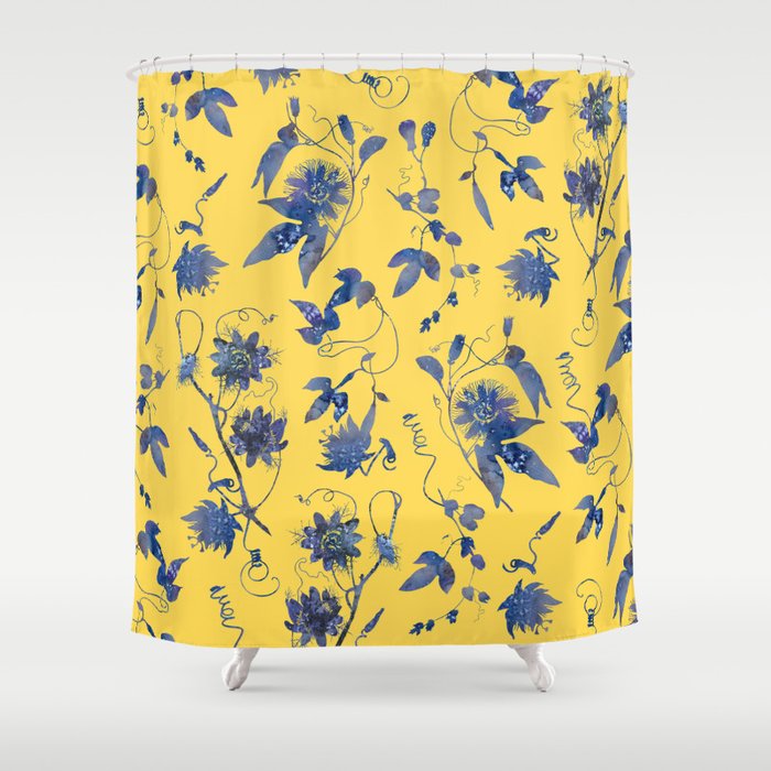 Elegant Blue Passion Flower On Mustard Yellow Shower Curtain By