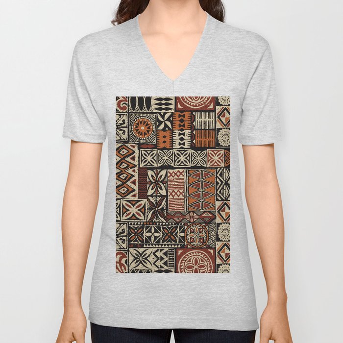 Hawaiian style tapa tribal fabric abstract patchwork vintage vintage pattern V Neck T Shirt