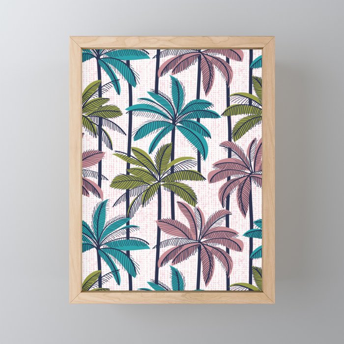 Retro Palm Springs vibes // white background highball green peacock blue and dry rose palm trees oxford navy blue lines Framed Mini Art Print