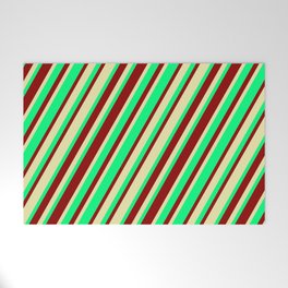 [ Thumbnail: Green, Dark Red & Pale Goldenrod Colored Stripes Pattern Welcome Mat ]