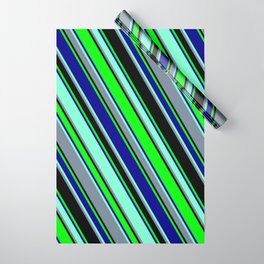 [ Thumbnail: Colorful Black, Lime, Dark Blue, Aquamarine, and Light Slate Gray Colored Lined Pattern Wrapping Paper ]