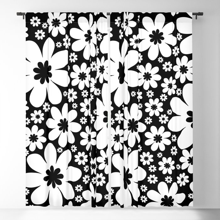 Black And White Daisy Flower 60s Hippie Patterned  Blackout Curtain