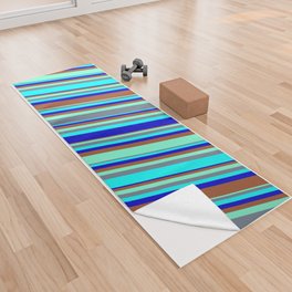 [ Thumbnail: Colorful Aquamarine, Slate Gray, Cyan, Blue & Sienna Colored Striped/Lined Pattern Yoga Towel ]