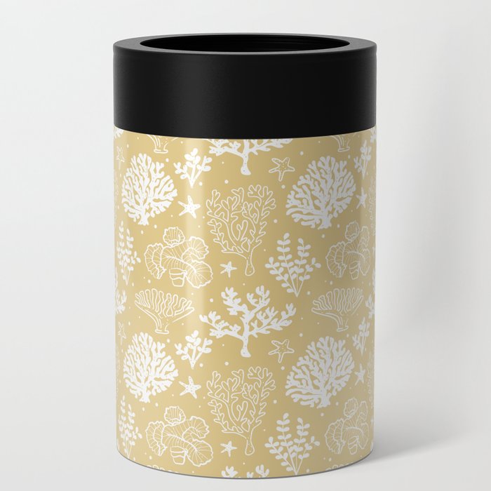 Beige And White Coral Silhouette Pattern Can Cooler