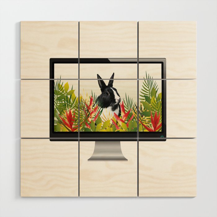 Computer - black & white Bunny Leaves Heliconia Flowers Wood Wall Art