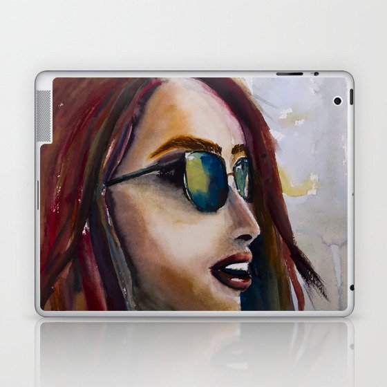 Watercolor Portrait Woman in Glasses Red Laptop & iPad Skin