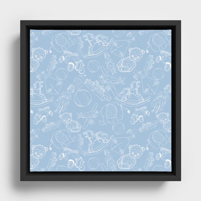 Pale Blue and White Toys Outline Pattern Framed Canvas