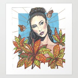 Sunny Crotons Art Print | Colorful, Plants, Plantlovers, Pop Art, Butterflies, Watercolor, Gouache, Painting, Acrylic, Gulffritillary 