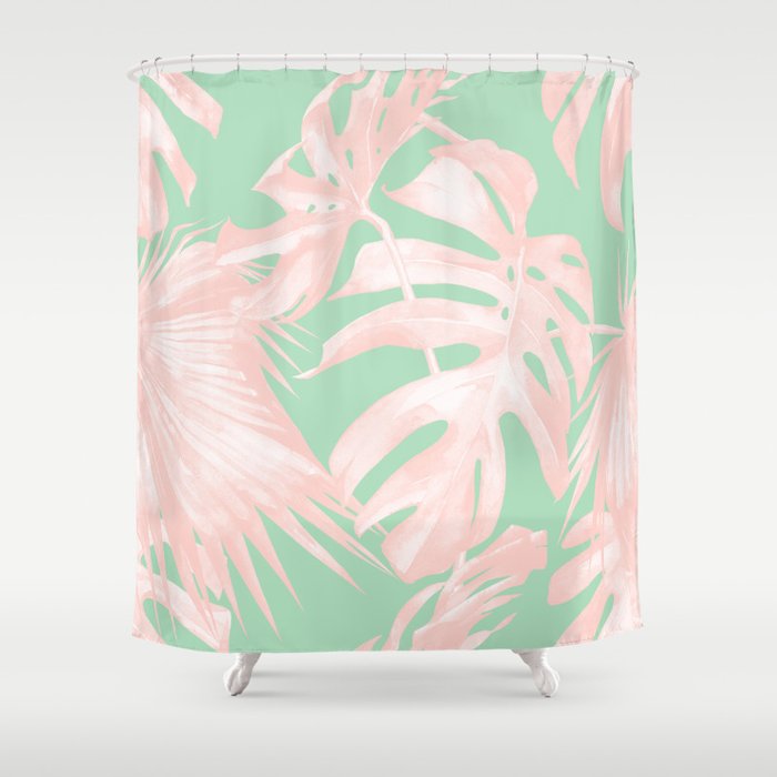 Tropical Palm Leaves Coral Pink Mint Green Shower Curtain