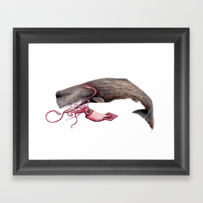 Epic battle between the sperm whale and the giant squid Framed Art Print