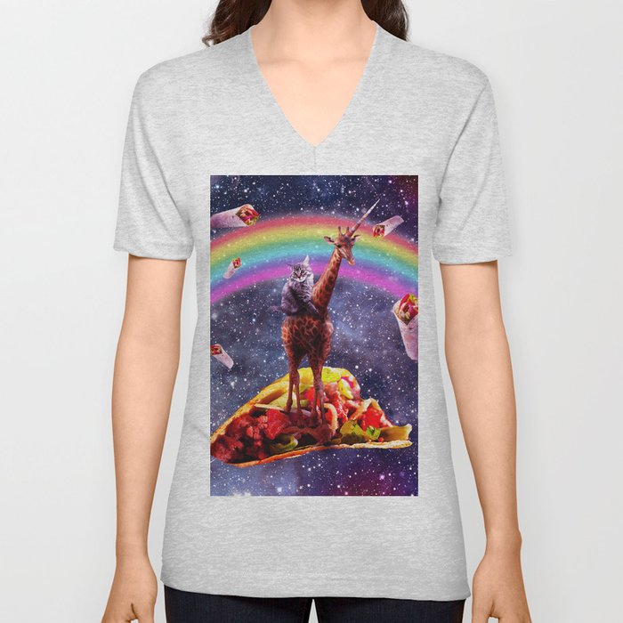 Space Cat Riding Giraffe Unicorn - Taco & Burrito V Neck T Shirt